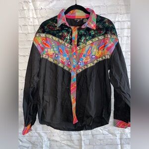 Vintage Black Embroidered Western Shirt with Multicolor Accents